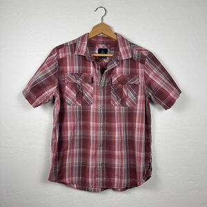 PrAna Snap Button Shirt Men's M Red Plaid Organic Cotton Short Sleeve Western